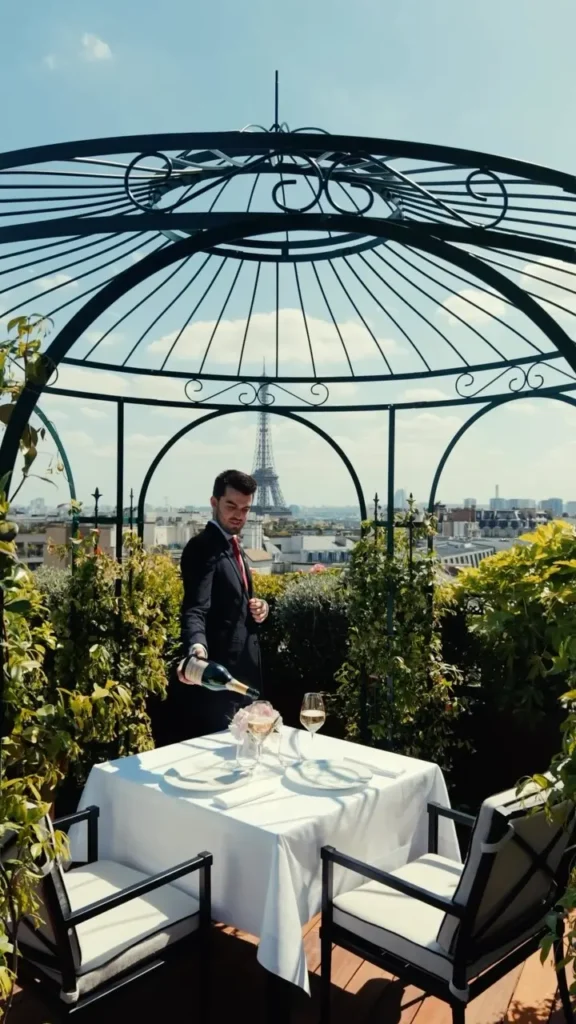Outdoor dining table with Eiffel Tower views at The Peninsula Paris
