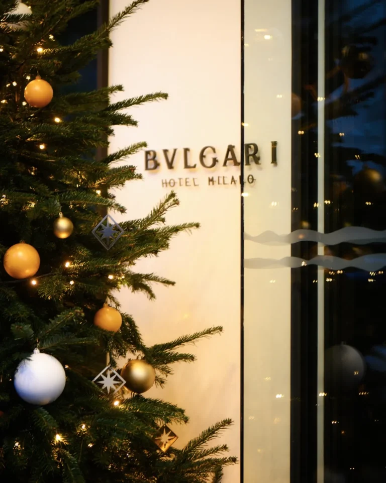 Festive Christmas tree and elegant seasonal decorations displayed inside Bulgari Hotel Milano