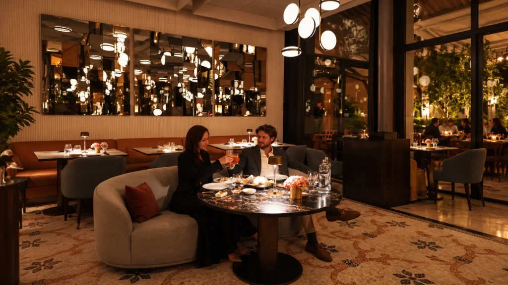 Elegant candlelit restaurant interior with comfortable seating, warm lighting and beautifully set dining tables at Four Seasons Hotel Milano