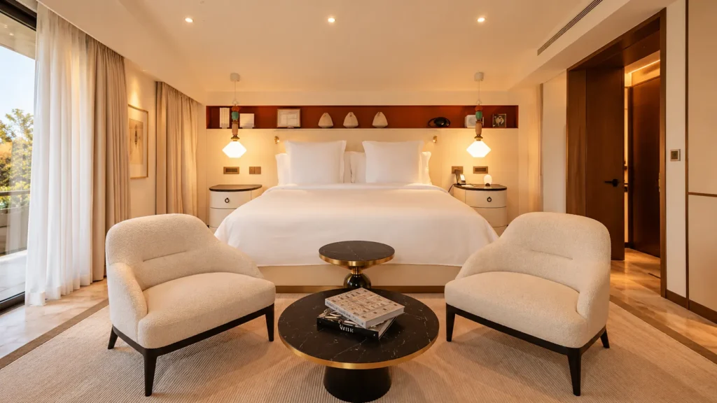 Symmetrical luxury bedroom with a king-size bed, upholstered chairs and warm lighting at Four Seasons Hotel Milano