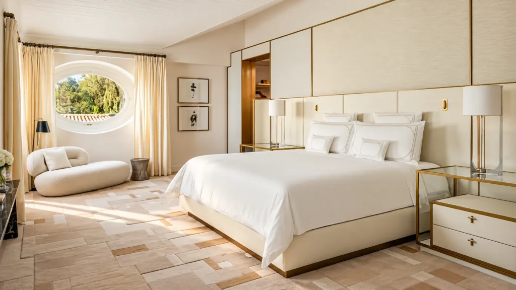 Serene hotel bedroom with neutral tones, a comfortable bed and refined contemporary furnishings at Four Seasons Hotel Milano