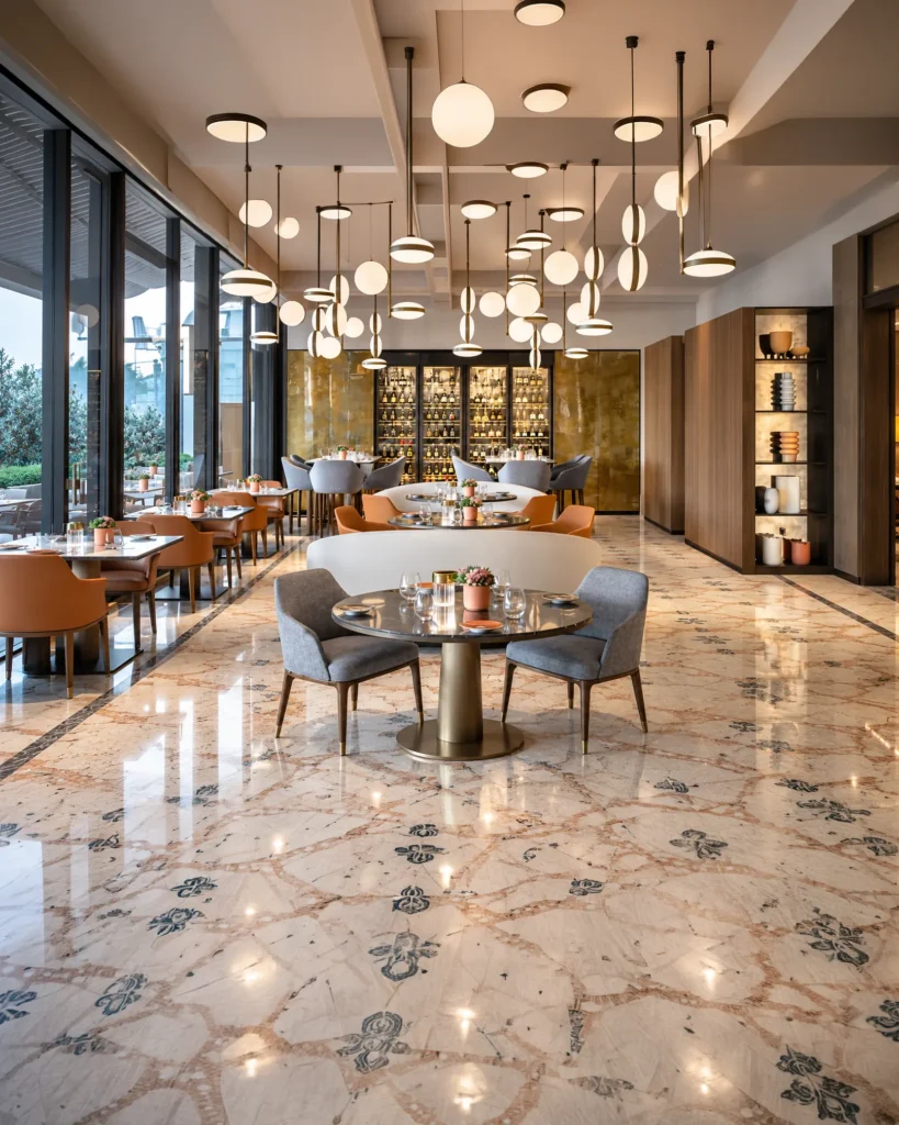 Sophisticated restaurant interior with symmetrical dining tables, contemporary lighting and floor-to-ceiling windows at Four Seasons Hotel Milano