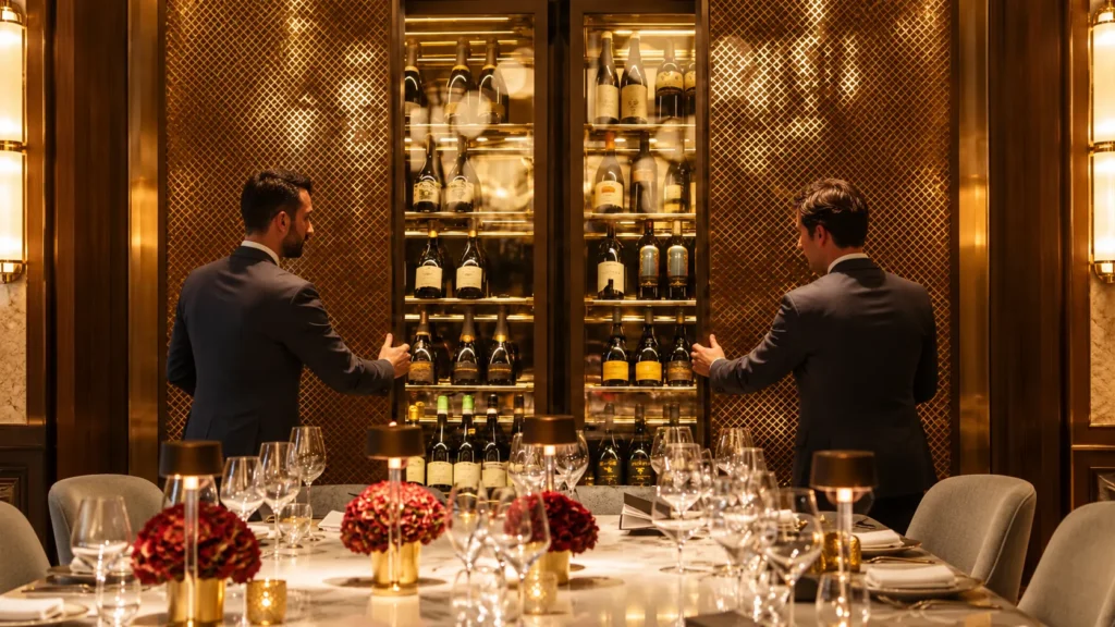 Elegant wine bar with illuminated bottle displays, warm golden lighting and a refined hospitality setting at Four Seasons Hotel Milano