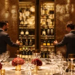 Elegant wine bar with illuminated bottle displays, warm golden lighting and a refined hospitality setting at Four Seasons Hotel Milano
