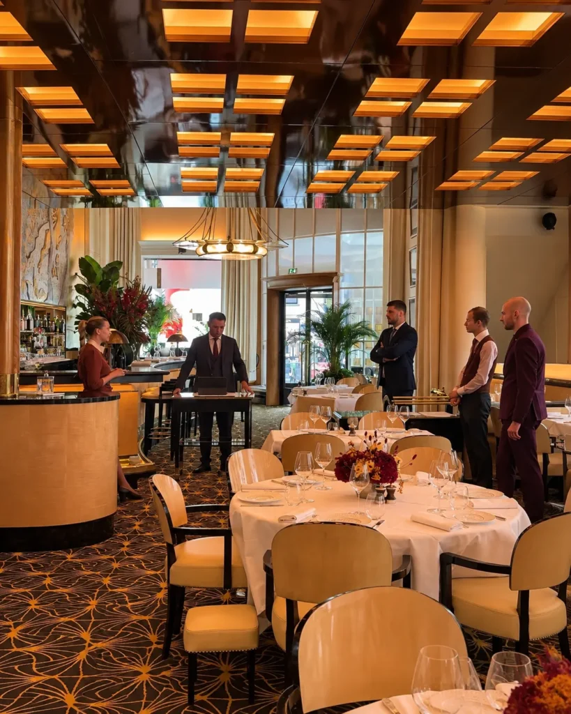 Elegant restaurant interior with warm lighting, art deco details and refined dining tables at Hôtel Plaza Athénée Paris