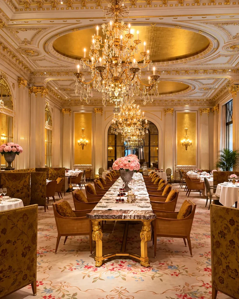 Opulent Parisian banquet room featuring crystal chandeliers, ornate ceilings and elegant dining tables