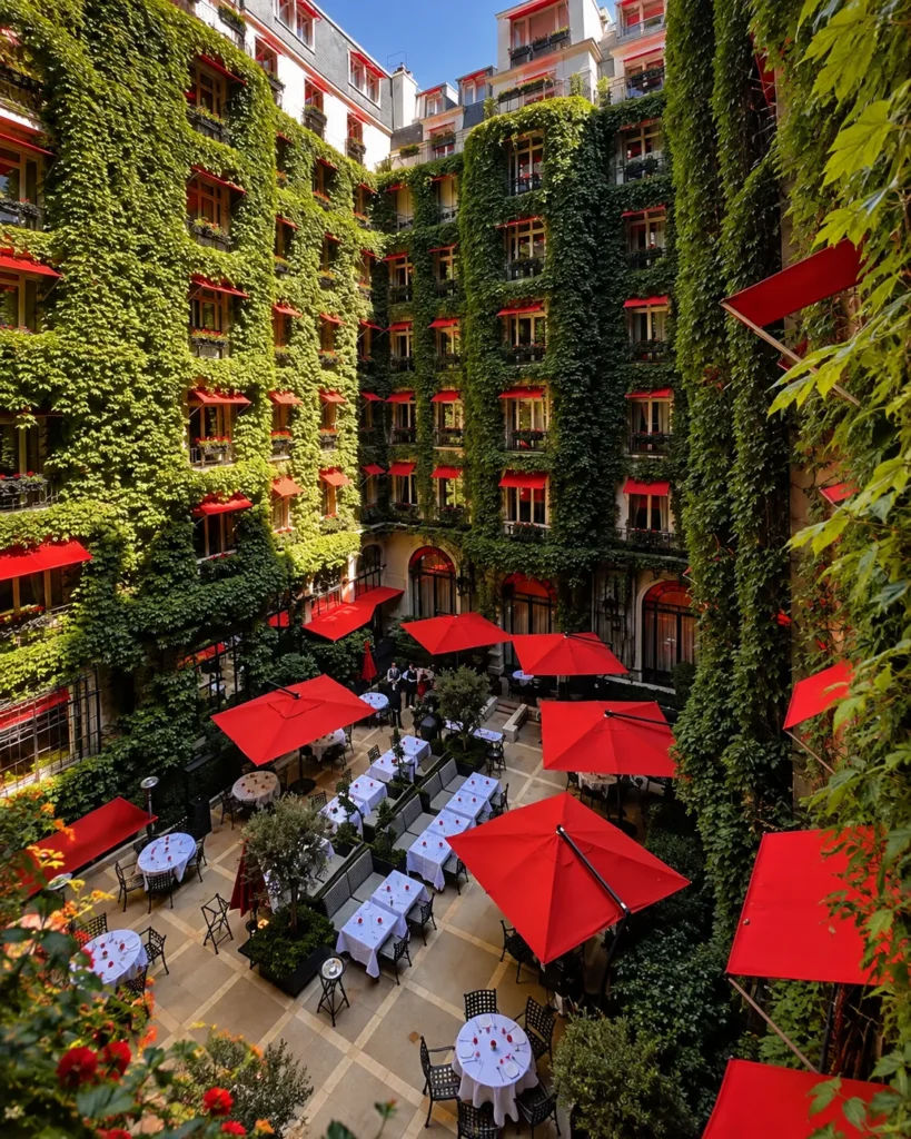 Outdoor dining terrace with red parasols and greenery in the courtyard at Hôtel Plaza Athénée Paris