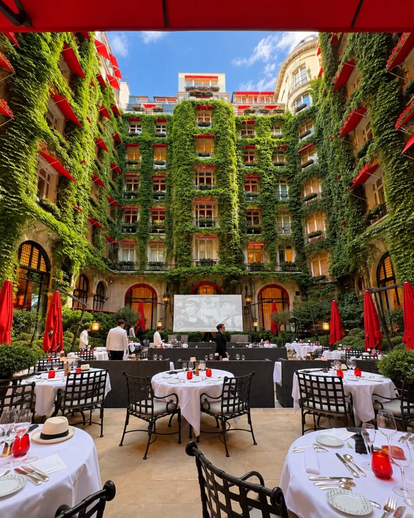 Outdoor restaurant tables in a leafy courtyard surrounded by ivy-covered architecture at Hôtel Plaza Athénée Paris