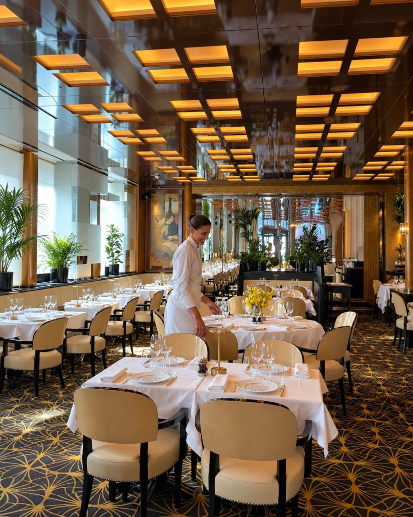 Sophisticated restaurant dining room with golden ceiling lights and elegant table settings at Hôtel Plaza Athénée Paris