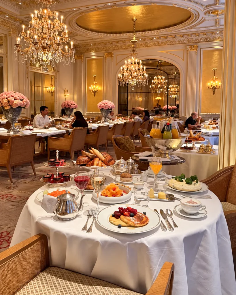Elegant breakfast spread served at a beautifully set table in a lavish Parisian hotel dining room