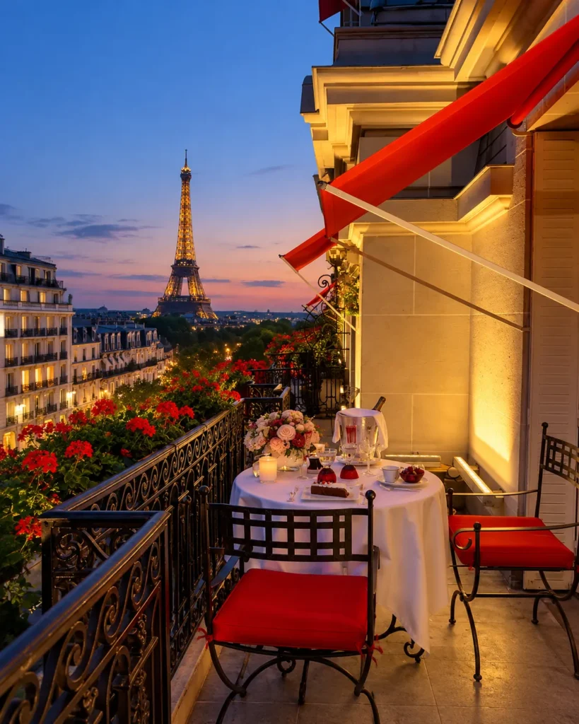 Romantic balcony with red awnings and a glowing Paris skyline at dusk