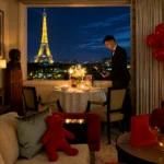Romantic champagne dinner beside a window overlooking the illuminated Eiffel Tower in Paris