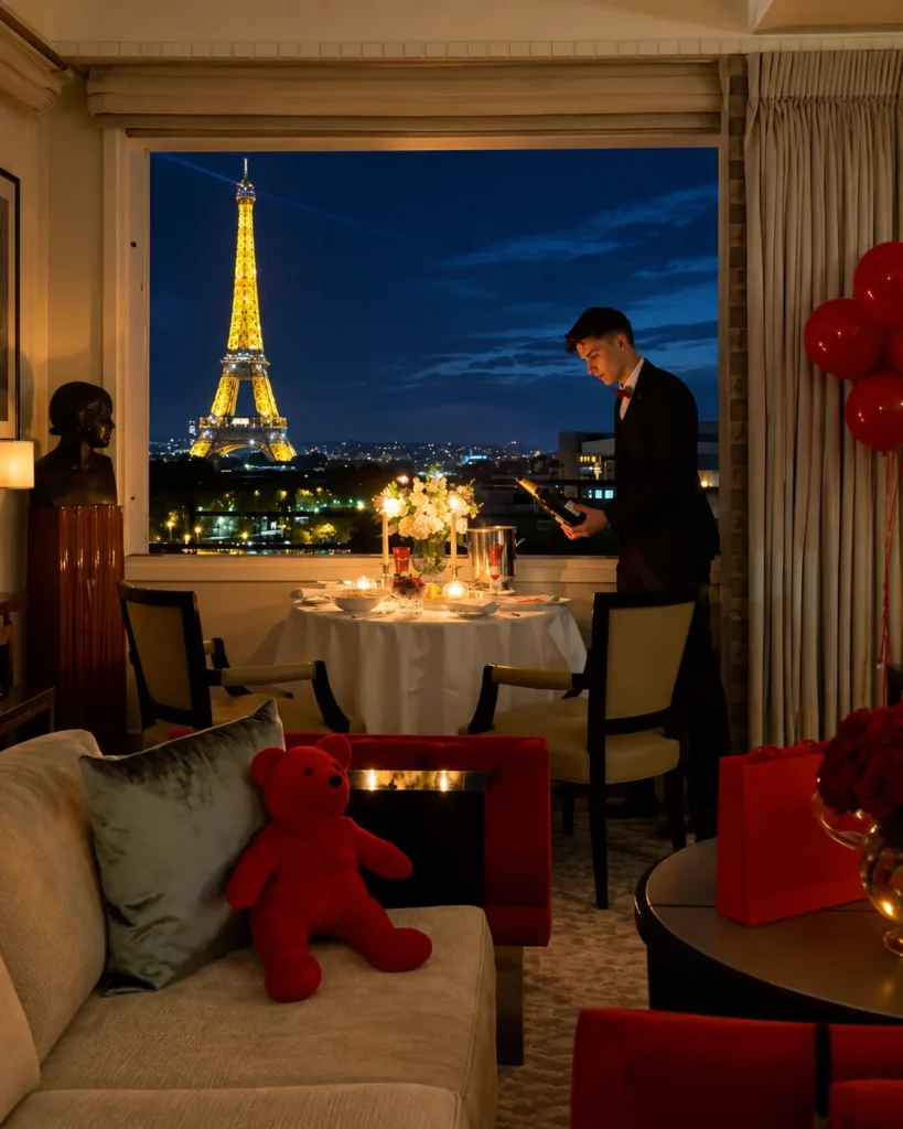 Romantic champagne dinner beside a window overlooking the illuminated Eiffel Tower in Paris