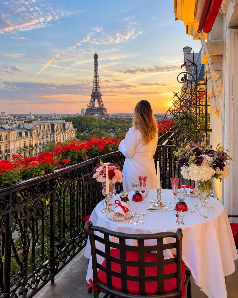 Romantic outdoor dining on a Paris balcony at sunset with flowers and views of the Eiffel Tower