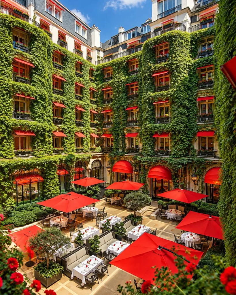Hôtel Plaza Athénée Paris courtyard restaurant with lush ivy-covered walls, red umbrellas and elegant outdoor dining tables