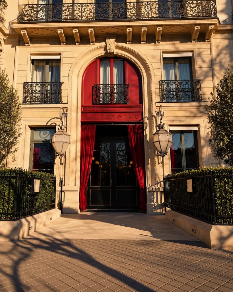 La Réserve Paris luxury hotel entrance with red curtains and classic Parisian architecture
