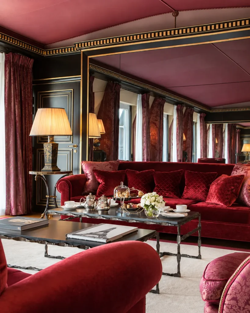 Opulent salon with burgundy velvet sofas, classic furnishings and warm lighting at La Réserve Paris