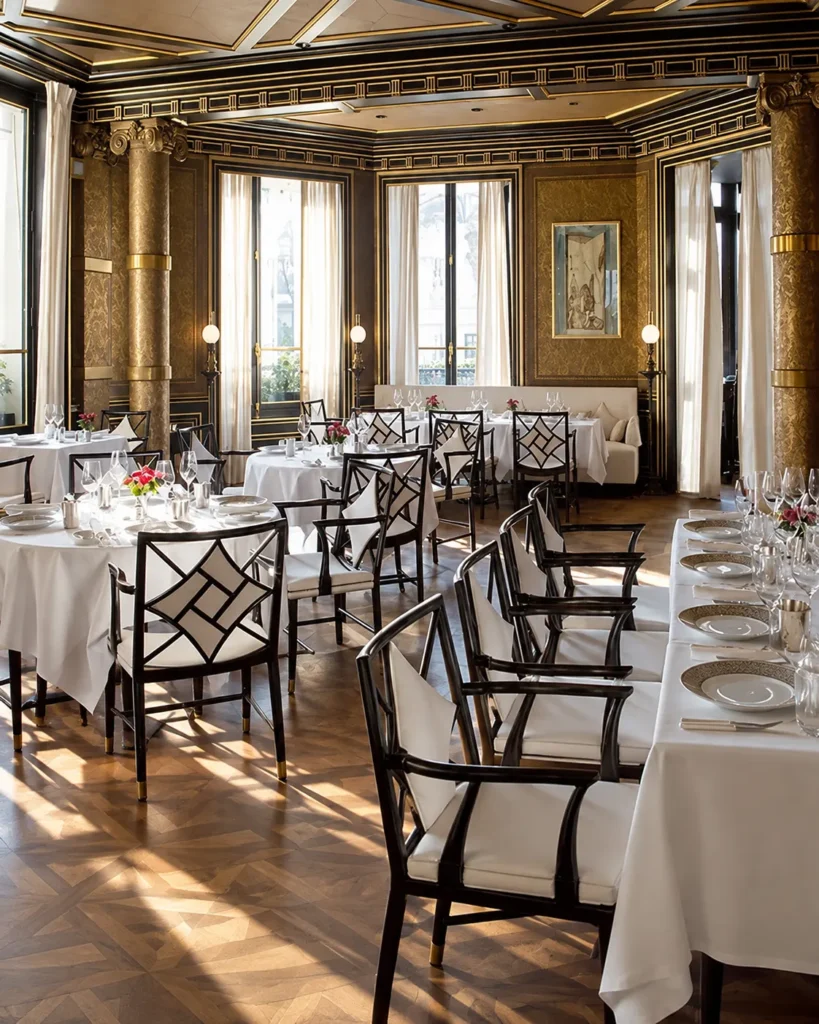 Elegant Parisian dining salon with ornate walls, chandeliers and beautifully set tables at La Réserve Paris