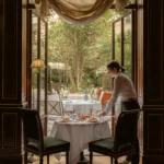 Private dining table beside tall windows in an elegant room at La Réserve Paris
