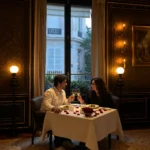 Romantic dinner for two beside tall windows in an elegant Parisian room at La Réserve Paris