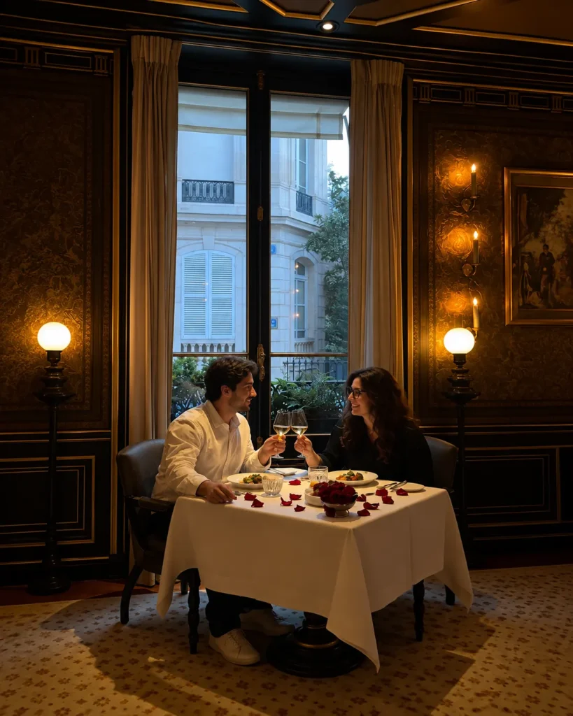 Romantic dinner for two beside tall windows in an elegant Parisian room at La Réserve Paris