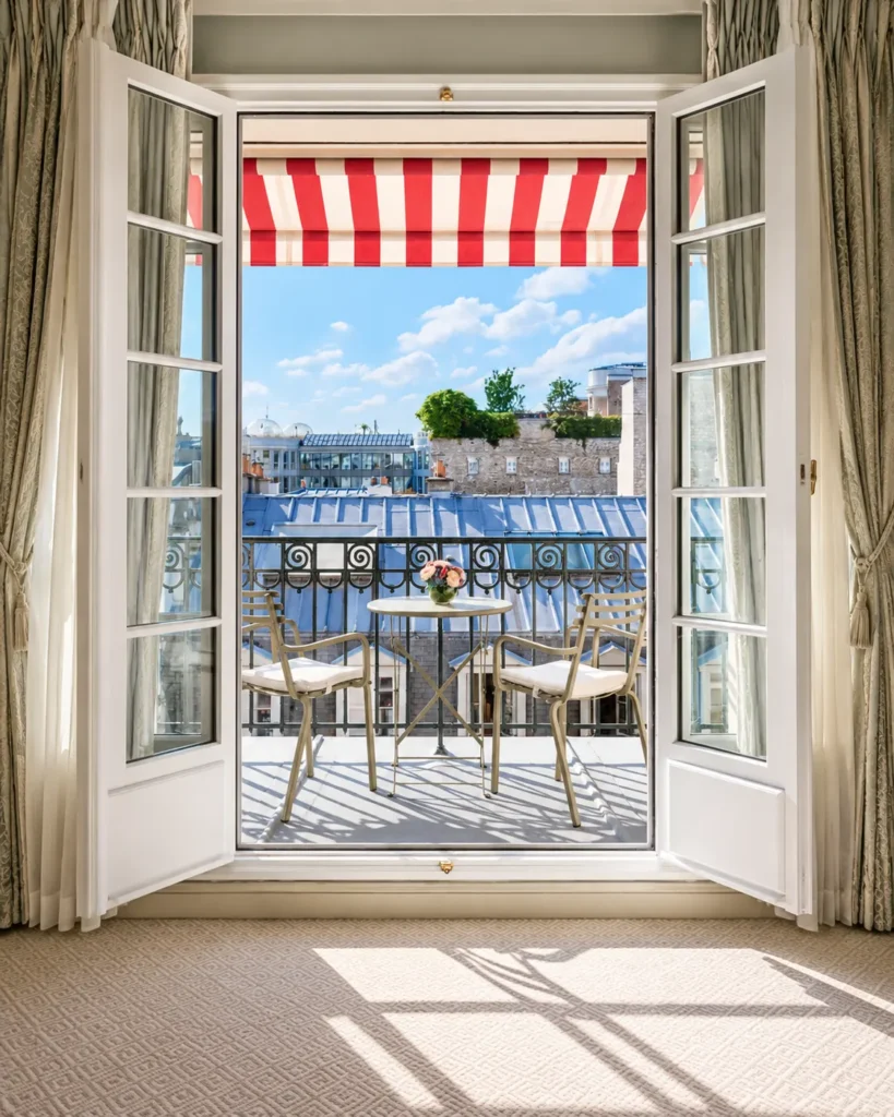 Sunlit Parisian balcony with a view from Le Bristol Paris