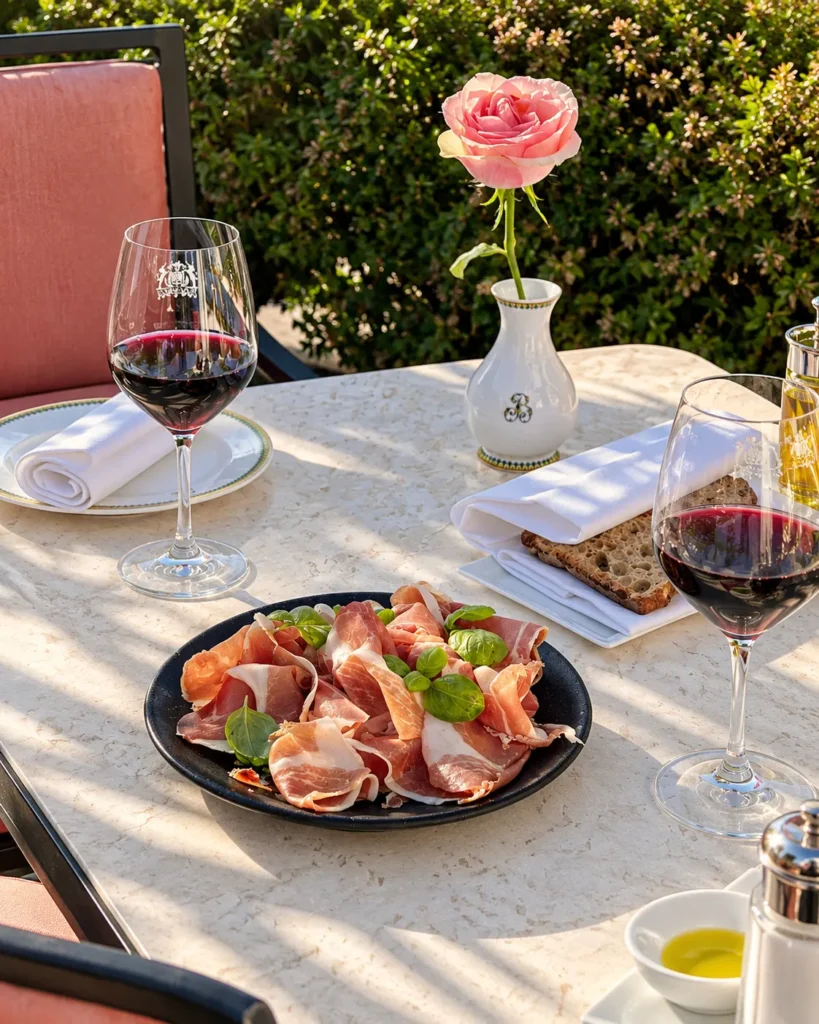 Charcuterie platter and wine served in the garden at Le Bristol Paris