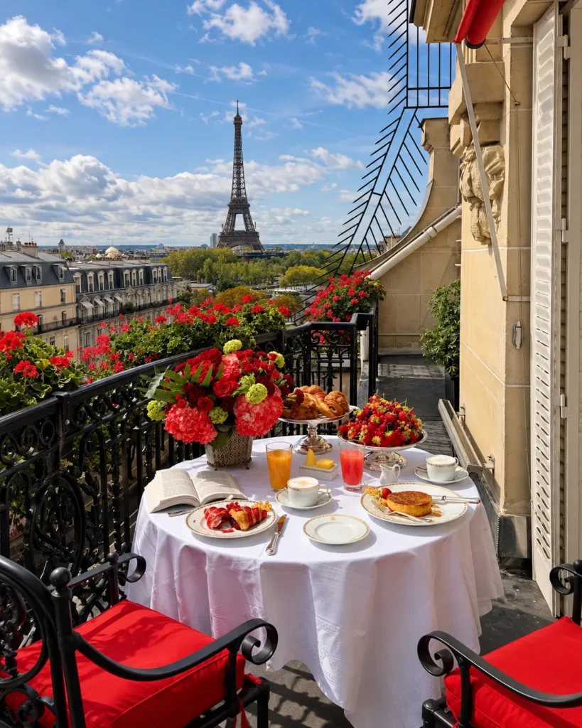 Breakfast on a Paris balcony overlooking the Eiffel Tower