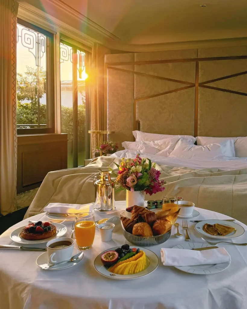 Breakfast served in an elegant room at Le Meurice Paris