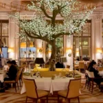 Elegant Le Meurice Paris dining room beneath an ornate chandelier