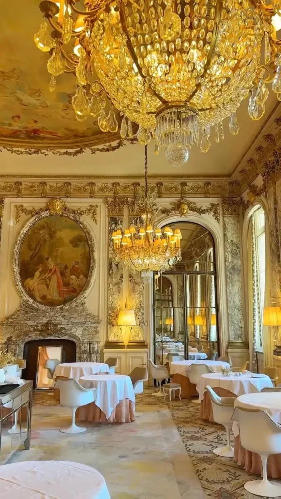 Gilded dining room with crystal chandeliers at Le Meurice Paris