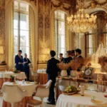 Elegant dining room with guests and tables at Le Meurice Paris