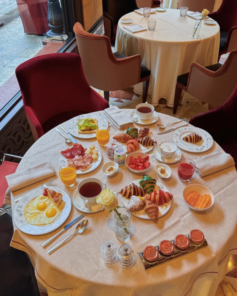 Gourmet breakfast spread served at Le Meurice Paris