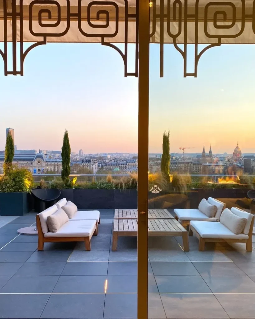 Luxury terrace at Le Meurice Paris with panoramic views over Paris