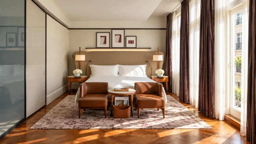 Warm contemporary hotel bedroom with a king-size bed, wood flooring, a comfortable lounge chair and sunlight streaming through tall windows