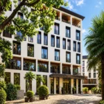 Elegant white hotel facade framed by landscaped greenery and a sunlit courtyard