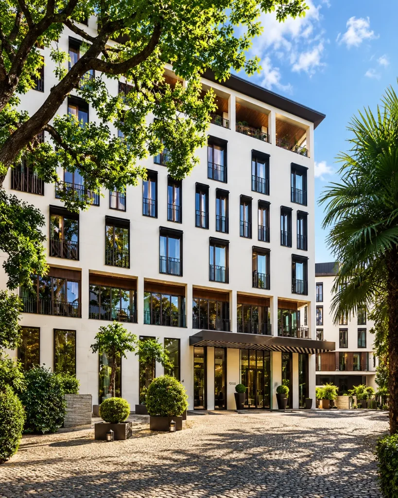 Elegant white hotel facade framed by landscaped greenery and a sunlit courtyard