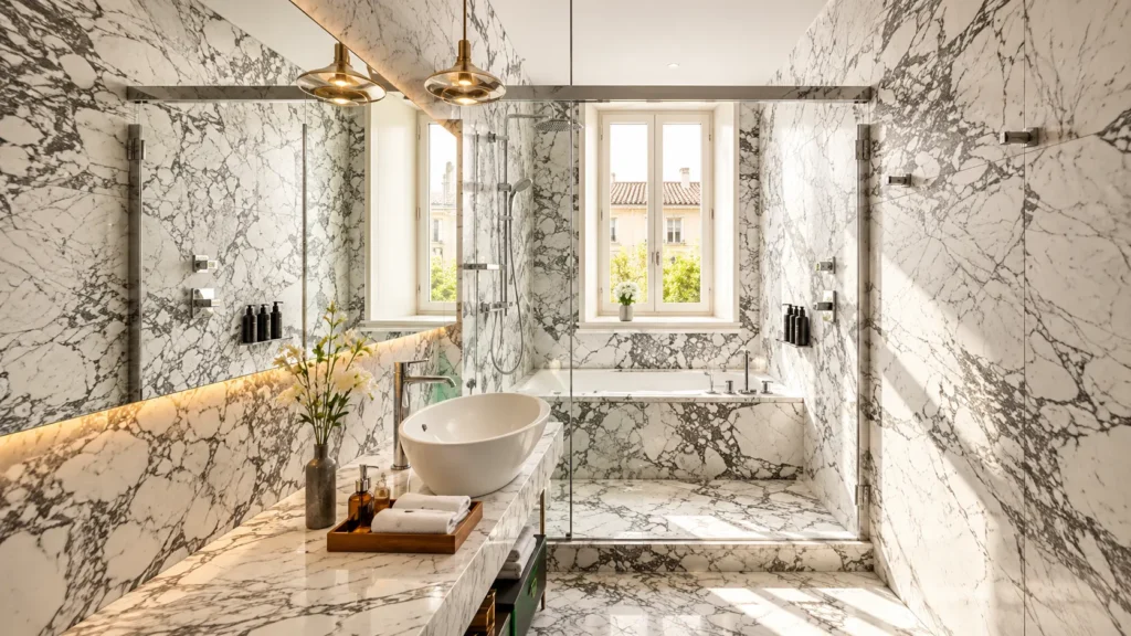 Bright marble bathroom with a freestanding bathtub, gold fixtures, glass shower and natural light from tall windows