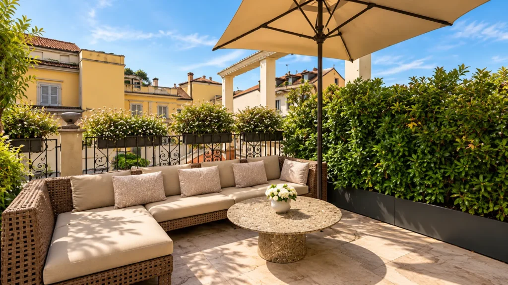 Sunny rooftop terrace with cushioned outdoor seating, a large parasol and lush greenery beside a Mediterranean-style building