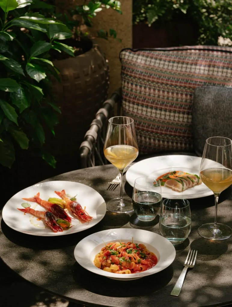 Outdoor dining table with gourmet dishes, wine glasses and greenery in a secluded garden setting at Mandarin Oriental Milan