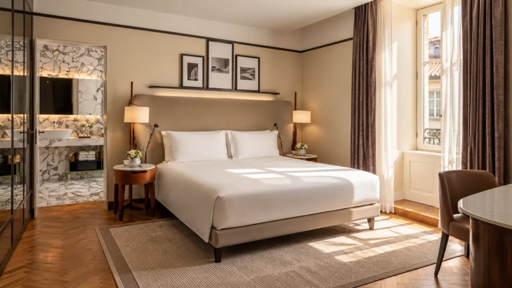 Sunlit luxury hotel bedroom with a king-size bed, upholstered headboard, warm wood flooring and classic furnishings