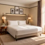 Sunlit luxury hotel bedroom with a king-size bed, upholstered headboard, warm wood flooring and classic furnishings