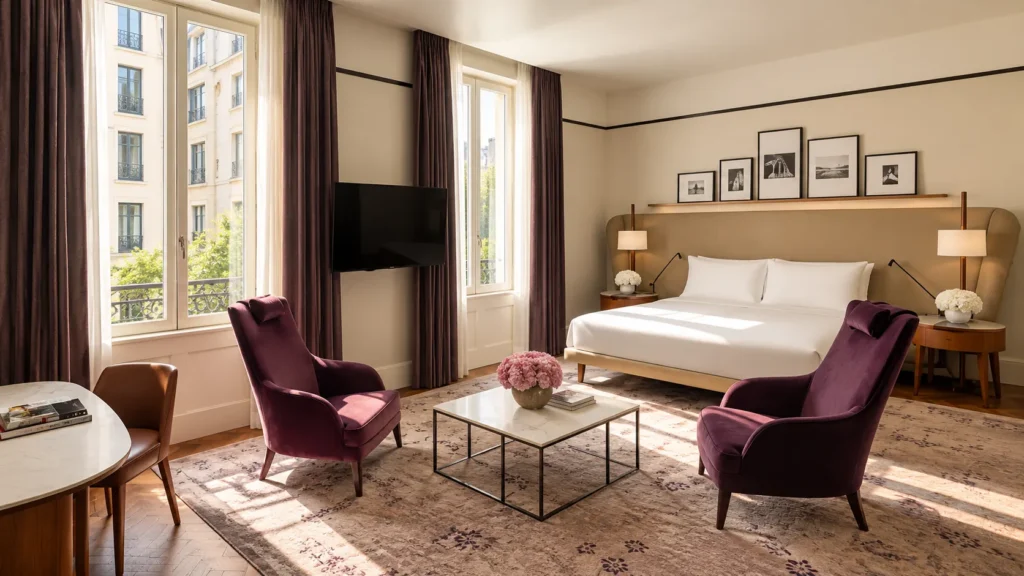 Elegant hotel bedroom with plum-colored armchairs, a king-size bed, framed artwork and warm neutral furnishings