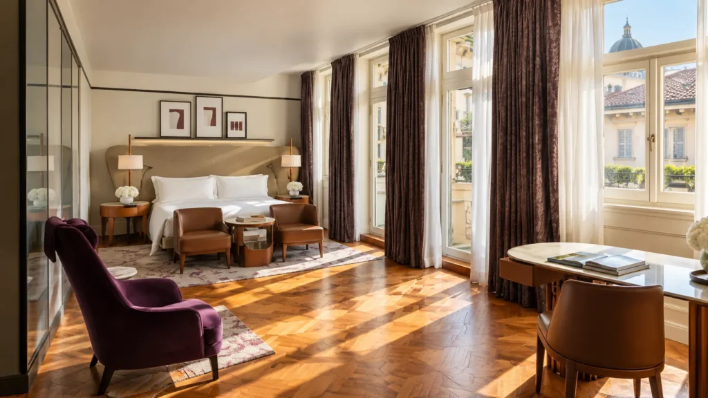 Bright luxury hotel suite with a comfortable seating area, elegant bedroom furnishings and large windows overlooking the city