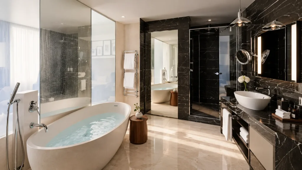 Modern luxury bathroom with a freestanding bathtub, dark marble walls, glass shower and elegant vanity