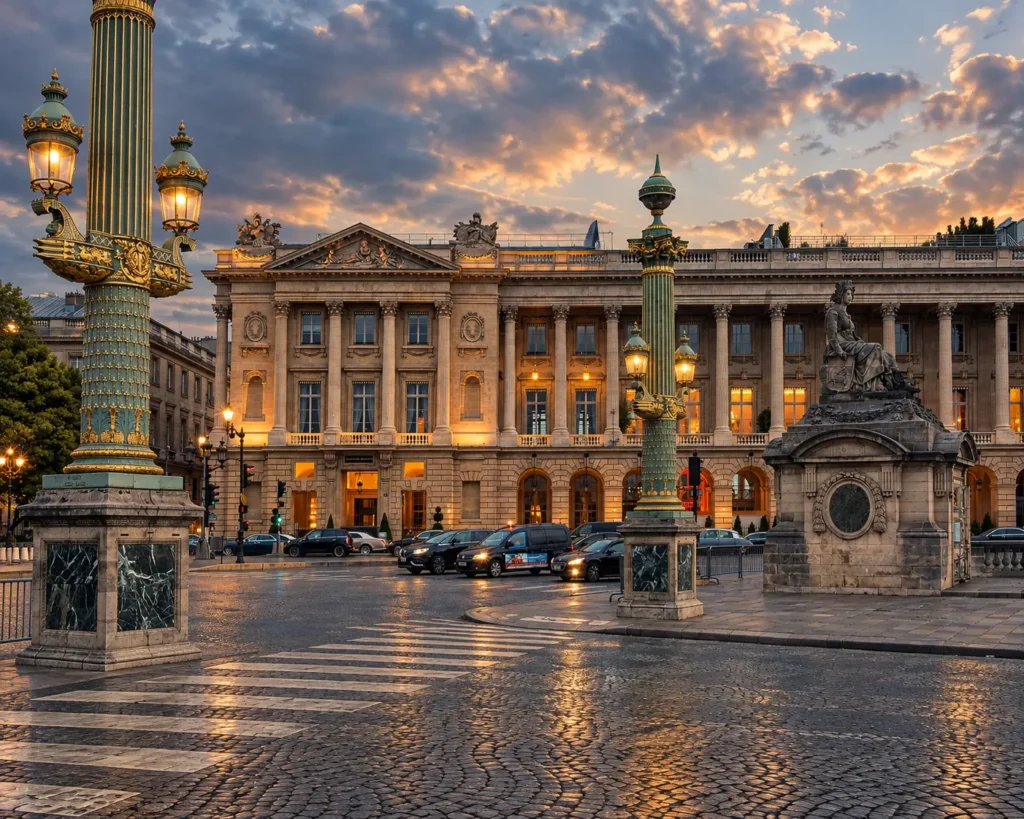 Place de la Concorde in Paris at golden hour with historic architecture and ornate street lamps