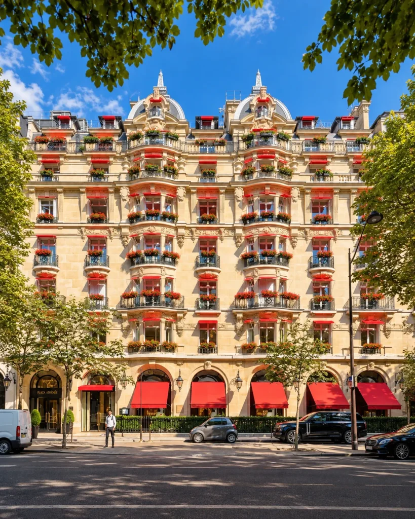 Hôtel Plaza Athénée Paris luxury hotel exterior with red awnings, flower-filled balconies and classic French architecture