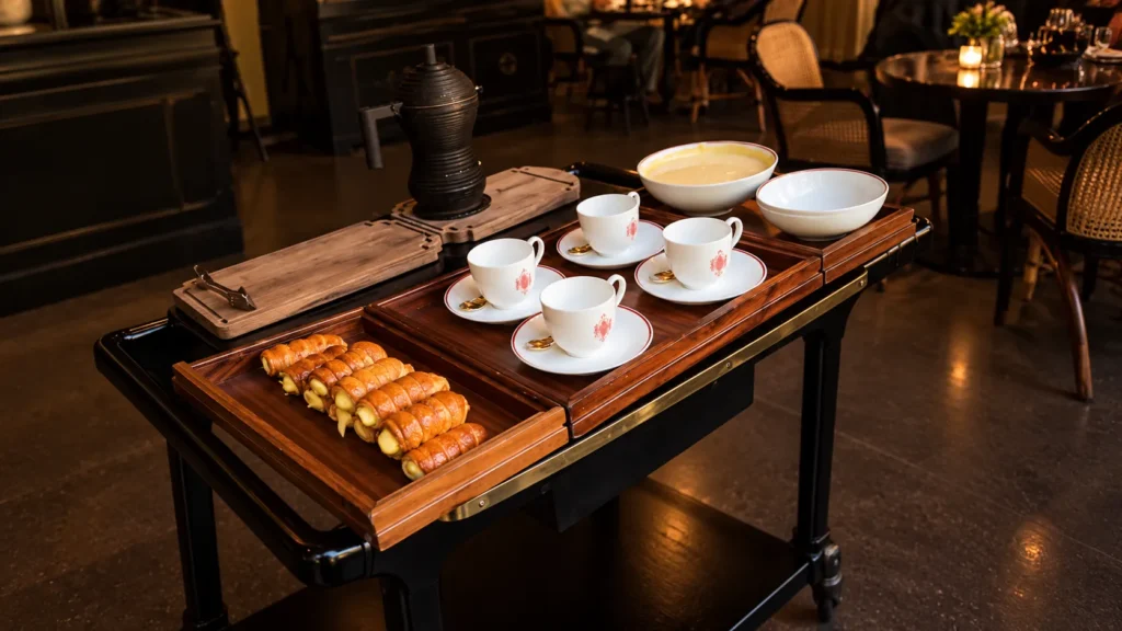 Elegant tea service with teacups, pastries and a silver serving tray at Portrait Milano