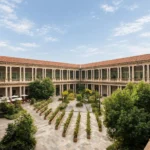 Elevated view of the landscaped courtyard at Portrait Milano surrounded by historic buildings and manicured greenery