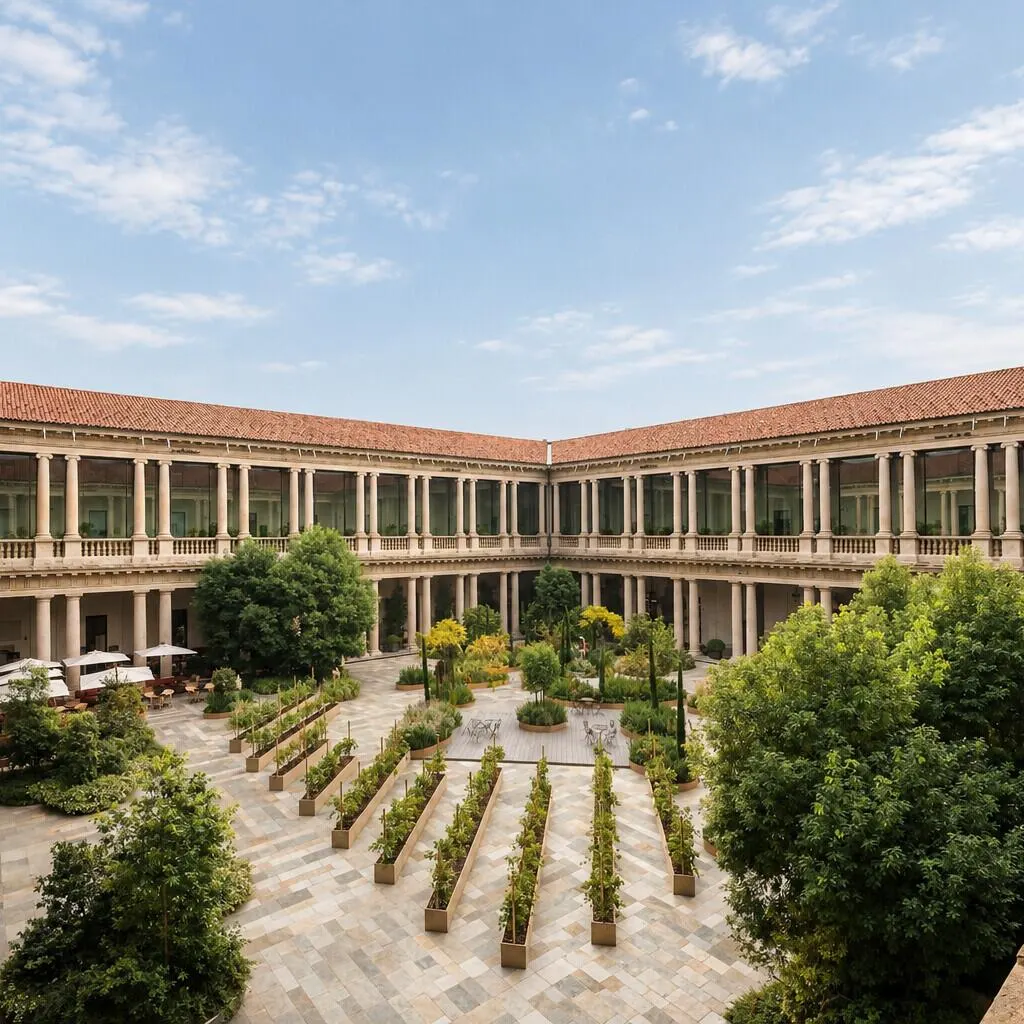 Elevated view of the landscaped courtyard at Portrait Milano surrounded by historic buildings and manicured greenery